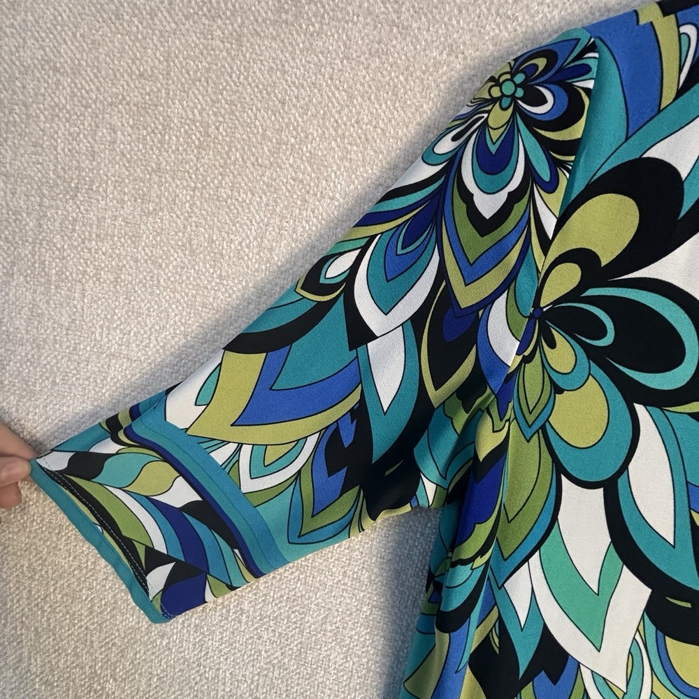 Sandra Darren Size 8 Teal Floral Medallion Sheath Dress Elbow Sleeve - Picture 7 of 11